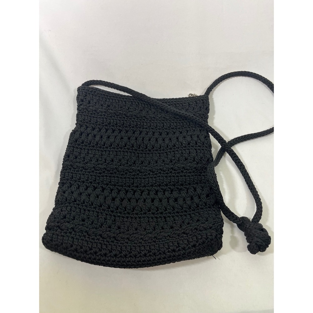 The Sak Crochet Crossbody Bag Black Woven Strap Zipper Closure Y2K Boho Artisan